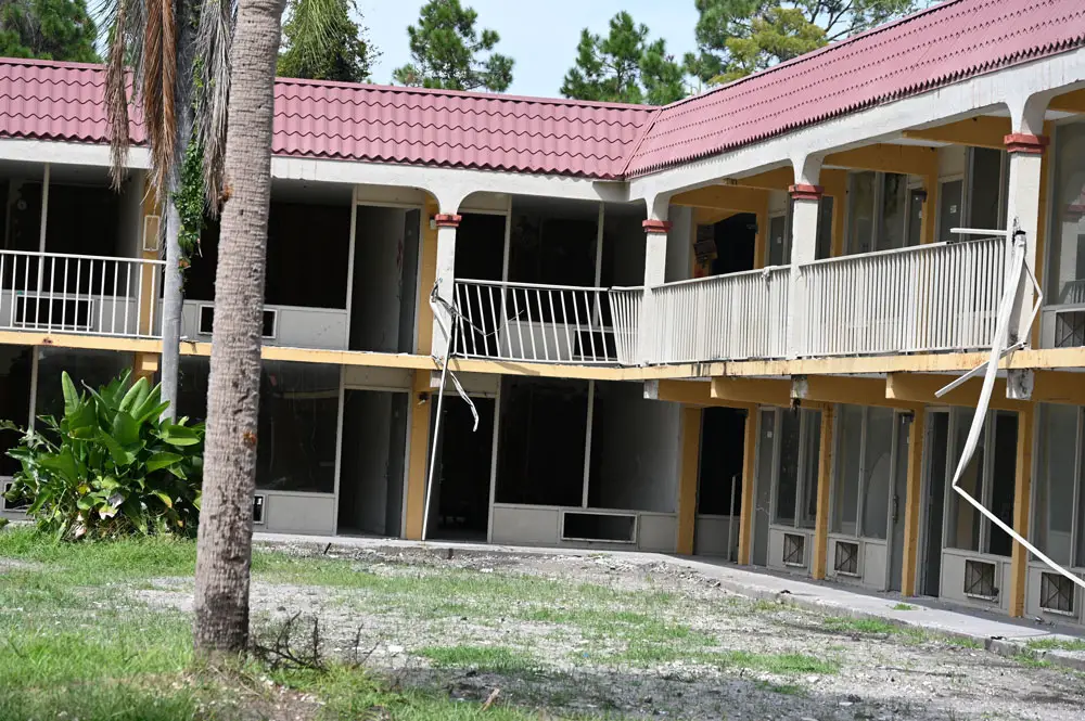 Flagler County officials have been seeking to have the old Country Hearth Inn. property rehabilitated for six years, wiothout success. They are again moving toward condemning and demolishing the property.  (© FlaglerLive)