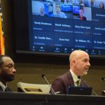 State Education Board member Randy Henderson (left) and Education Secretary Jacob Oliva (right) listen to public testimony during a state board meeting on Mar. 9, 2023. Prior to coming to Arkansas, Oliva was a chancellor who also served in other top roles at the Florida Department of Education. (Antoinette Grajeda/Arkansas Advocate)