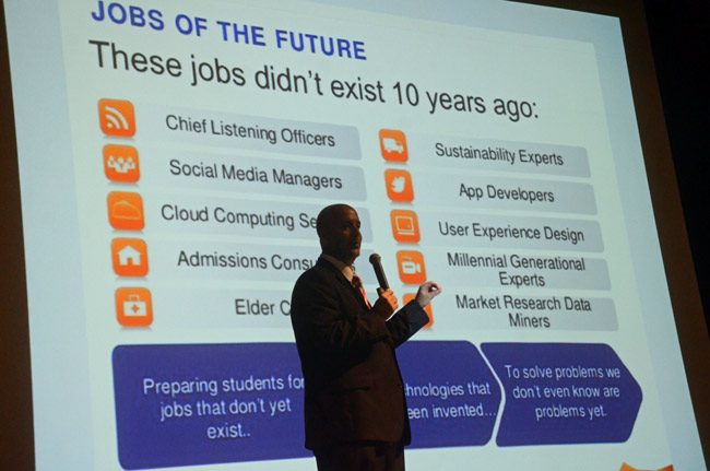 Superintendent Jacob Oliva describing the jobs of the future at a district-wide event last year. (© FlaglerLive)