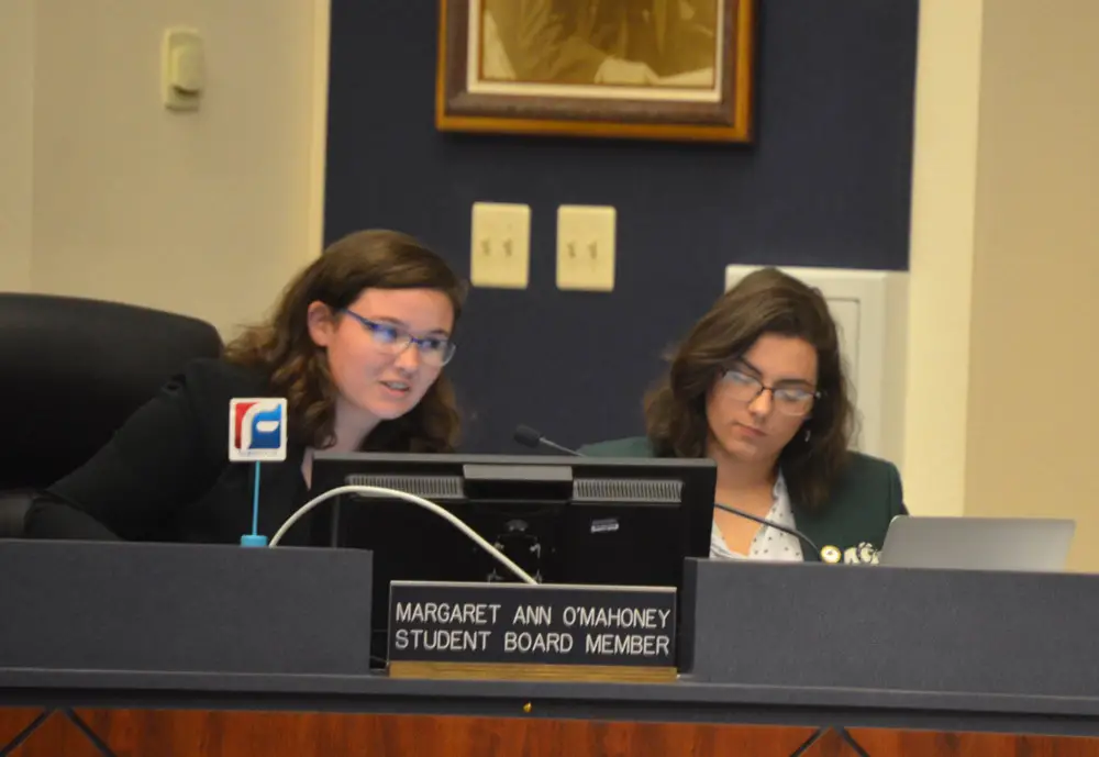 Flagler County Student School Board members Margaret O’Mahoney and Jessica Middleton posed most of the tougher questions about the district's contract with Social Sentinel Tuesday evening, ahead of the board approving its contract with the social media trolling company. (© FlaglerLive)
