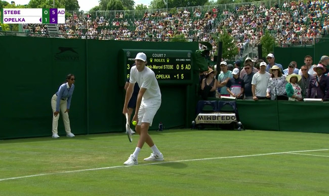 Reilly Opelka on his way to winning his first Wimbledon en's draw match today. He faces Stan Wawrinka in the second round.