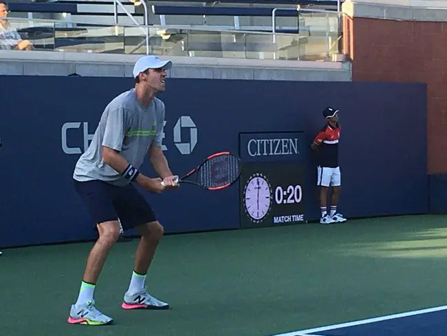 Reilly Opelka in his match at U.S. Open qualifiers Tuesday in Queens, N.Y. (© Michael Lewis for FlaglerLive)