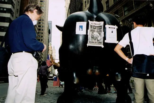 The Wall Street Bull's message to bin Laden, blocks away from the fallen Twin Towers, a few days after the 9/11 attacks. Click on the image for larger view. (© Pierre Tristam/FlaglerLive)