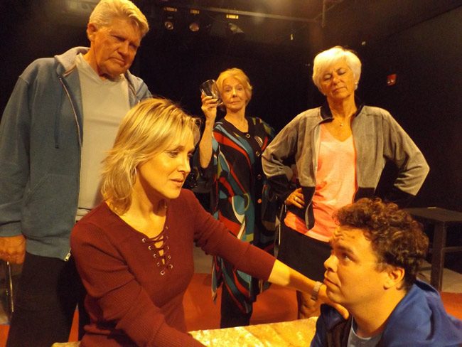 Family tensions erupt in the City Repertory Theatre production of “Other Desert Cities.” The dark comedy stars, from left: John Pope as Lyman, Sharon Resnikoff as Brooke, Anne Kraft as Silda, Sue Pope as Polly and Beau Wade as Trip. The play will be staged Nov. 10-19 at City Rep’s venue in Palm Coast’s City Market Place. (© FlaglerLive)