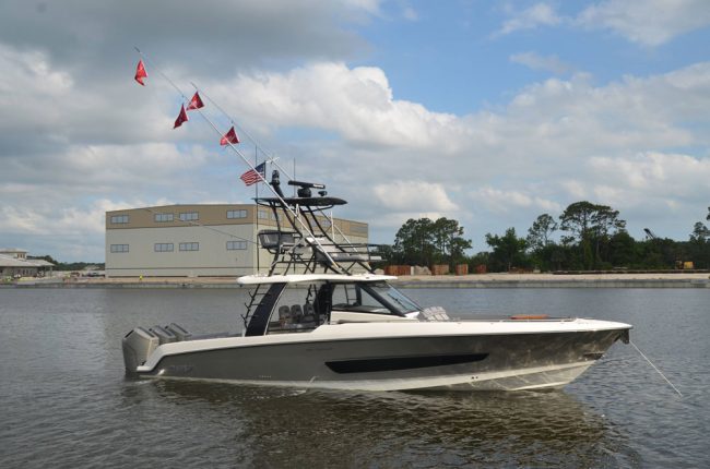 Boston Whaler's Outrage model was on display this morning. (© FlaglerLive)