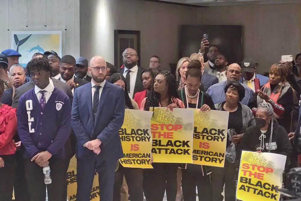Advocates and Black leaders in the Florida Legislature gathered at the Capitol on Jan. 25, 2023 to push back against the DeSantis administration’s rejection of an AP African American pilot history course. (Issac Morgan)