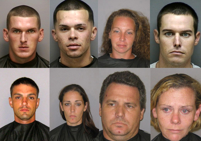 Eight of the 15 local suspects arrested in "Operation Script Club." Top row, from left: Andrew Forkner, Joey Bourke Jr., Denise Rochbach, Michael Cundall; bottow row, from left: Justin McCalligan, Erin Bracken, Dennis Kraemer, and Theria Shenton. (FCSO)