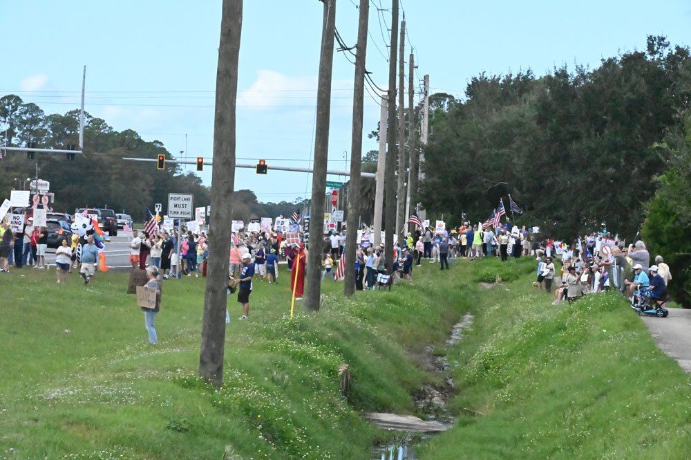 Part of the protest along State Road 100 in Palm Coast. (© FlaglerLive)