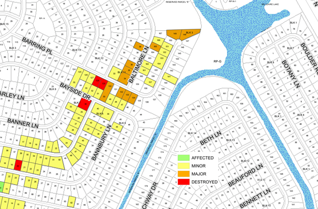 The Flagler County Property Appraiser's mapping of damage, by house, in Palm Coast's affected sections. Click on the map for a complete, large pdf rendition of the map. 