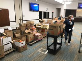 The council chambers in Palm Coast have turned into a food collection repository ahead of the May 2 distribution to 5,000 families. (Palm Coast)