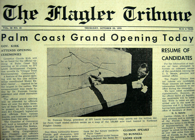 Even then, Flagler County was little more than a footnote to Palm Coast. (© FlaglerLive) 1970 grand opening ITT