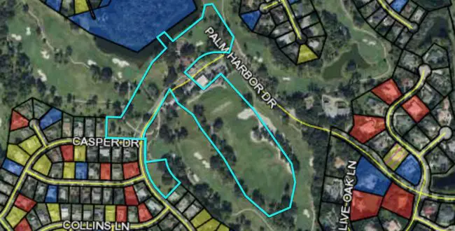The "hole," in the shape of something entirely different, at the center of Palm Coast's Palm Harbor Golf Course's acreage. The "hole" is soon to be Palm Coast's. The delineation is from the Flagler County Property Appraiser's office. 