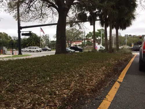 The north median at Old Kings Road near the intersection with Palm Coast Parkway is favored by panhandlers. (© FlaglerLive)