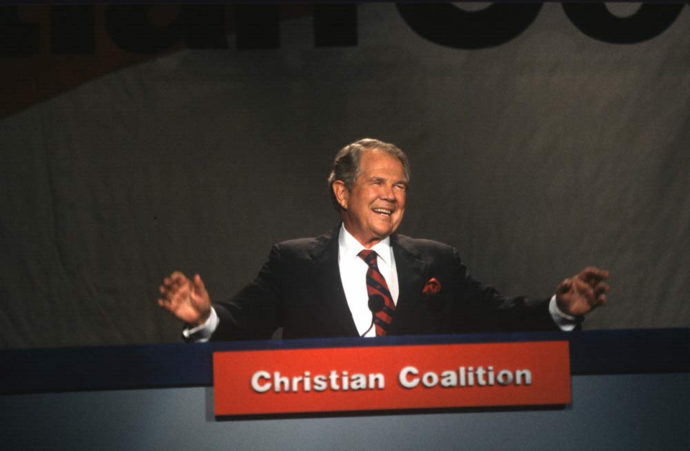 Pat Robertson speaks at the Christian Coalition’s annual meeting on Sept. 9, 1995, in Washington, D.C. 