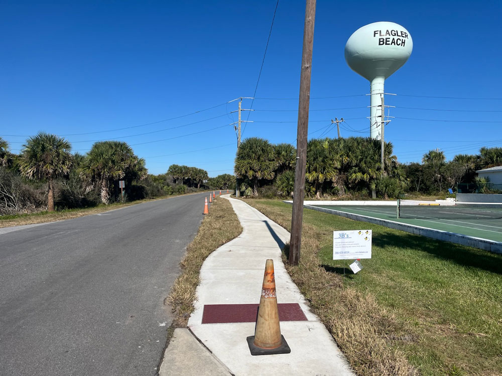 The 900-foot sidewalk built at Commissioner Rick Belhumeur's encouragement as a safety measure, near the water tower. Belhumeur raised issues with the administration's bidding of the project. (Flagler Beach)