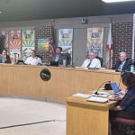 Flagler Beach Mayor Patti King, furthest to the right n the dais, addressed her colleagues on Palm Coast Mayor Mike Norris's position regarding the beach-management plan last night. (© FlaglerLive)