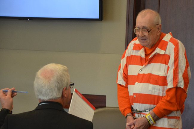 Paul Miller at his hearing in March at the Flagler Coun ty courthouse, with his attorney, Assistant Public Defender Ray Warren. (© FlaglerLive)