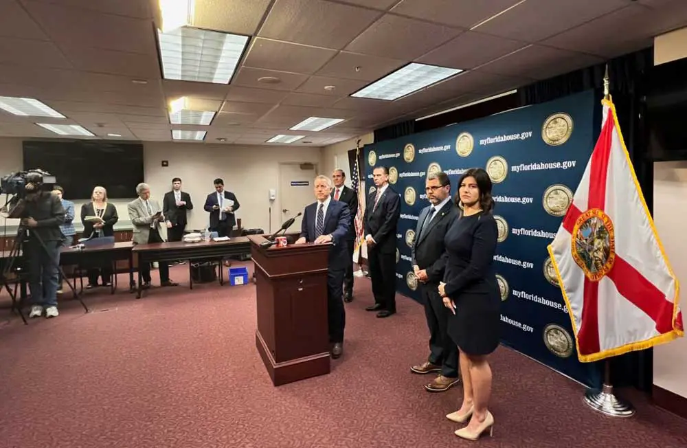 Florida House Speaker Paul Renner and key committee heads address the press on Dec. 14, following the conclusion of a three-day special session on insurance reform. (Michael Moline)