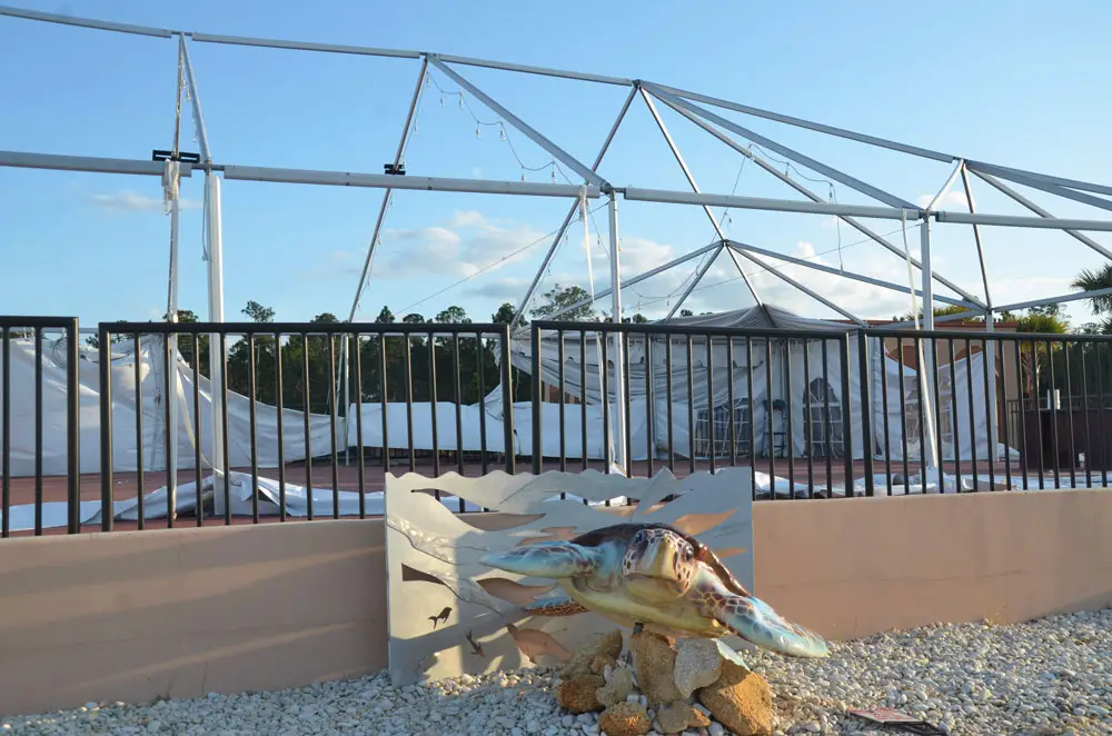 The Palm Coast Arts Foundation's stage and big tent at its Town Center venue after the autumn storms of 2020. (© FlaglerLive)