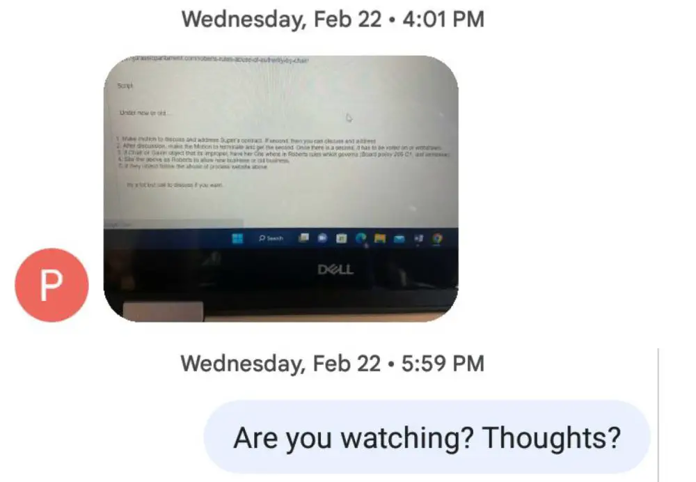 The text showing the image of the script on how to fire the superintendent that Paul Peacock, the principal at Wadsworth Elementary, sent School Board member Sally Hunt during a workshop on Feb. 22. (© FlaglerLive)