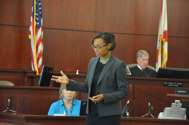 Assistant Public Defender Rose Marie Peoples in her opening arguments this morning. Click on the image for larger view. (© FlaglerLive)