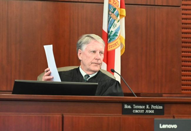 Circuit Judge Terence Perkins giving Gabriella Alo a quick lesson in jurisprudence, as it applies to her plea deal. (© FlaglerLive)