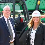 On the job: Flagler County Administrator Heidi Petito last month with Palm Coast Mayor David Alfin, during the filming of AdventHealth Palm Coast's groundbreaking on the hospital getting built on Palm Coast Parkway. Petito has developed working relationships with colleagues in local government. (© FlaglerLive)