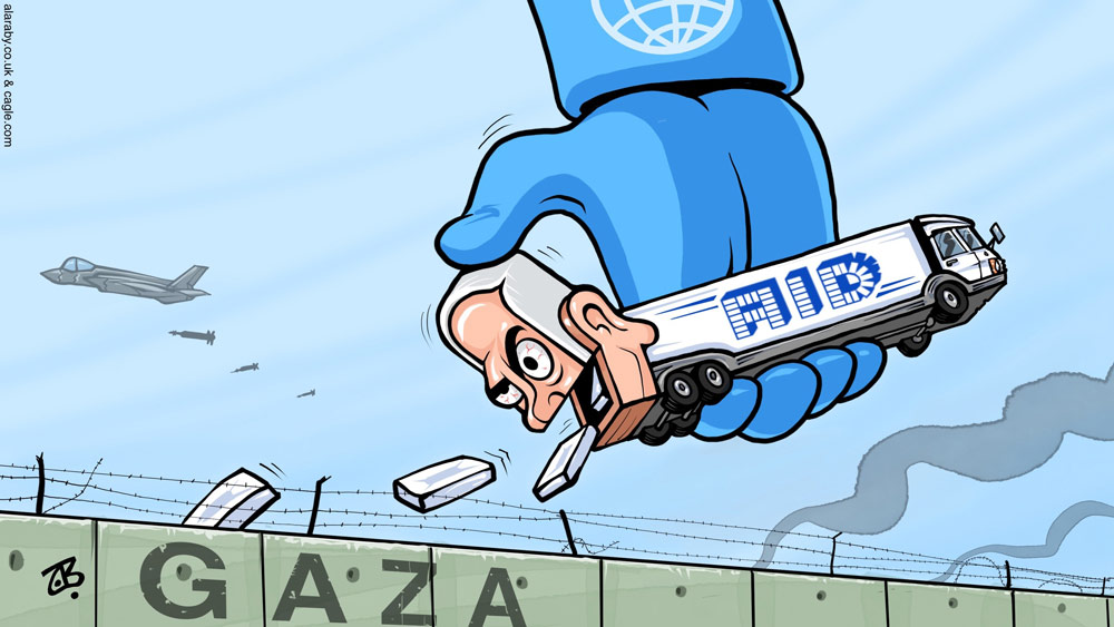 Gaza Aid Dispenser Netanyahu Israel Starvation UN by Emad Hajjaj, Alaraby Aljadeed newspaper, London.