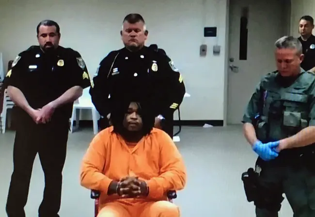 Phillip Haire Jr., who faces multiple attempted murder charges, appears in court today in a pre-trial hearing. (c FlaglerLive via court feed)