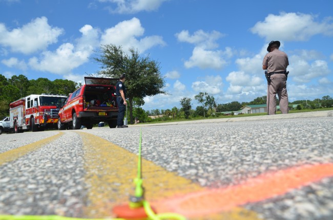 Crash investigators were able to pointpoint precisely where Laundrie's vehicle stopped turning, in the middle of the curve around the southeast end of the EOC building, and took a straight line into the pond. Click on the image for larger view. (© FlaglerLive)