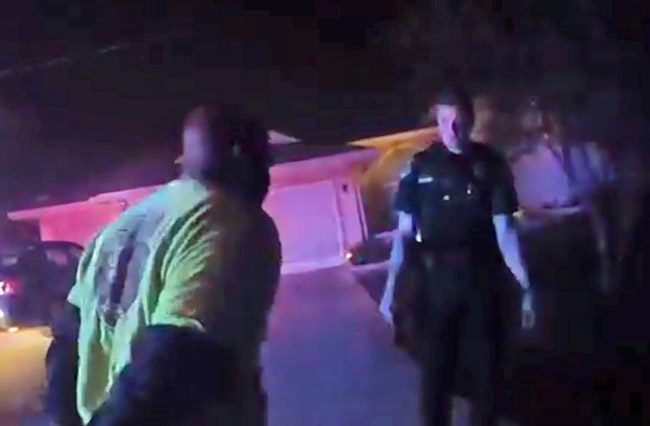 Even after he was tased and handcuffed, Leslie Pitter repeatedly motioned toward deputy Conway with threatening body language as if to intimidate the deputy, whose shoulder at that point Pitter had dislocated. The image is from a video still captured on a deputy's body camera.