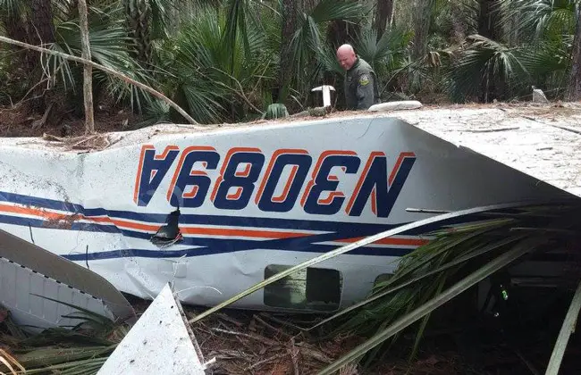 The Beech 36 plane Joel Fallon and Josh Rosa were piloting when it crashed in the woods of Plantation Bay on Nov. 9, 2016. Both survived. (FCSO)