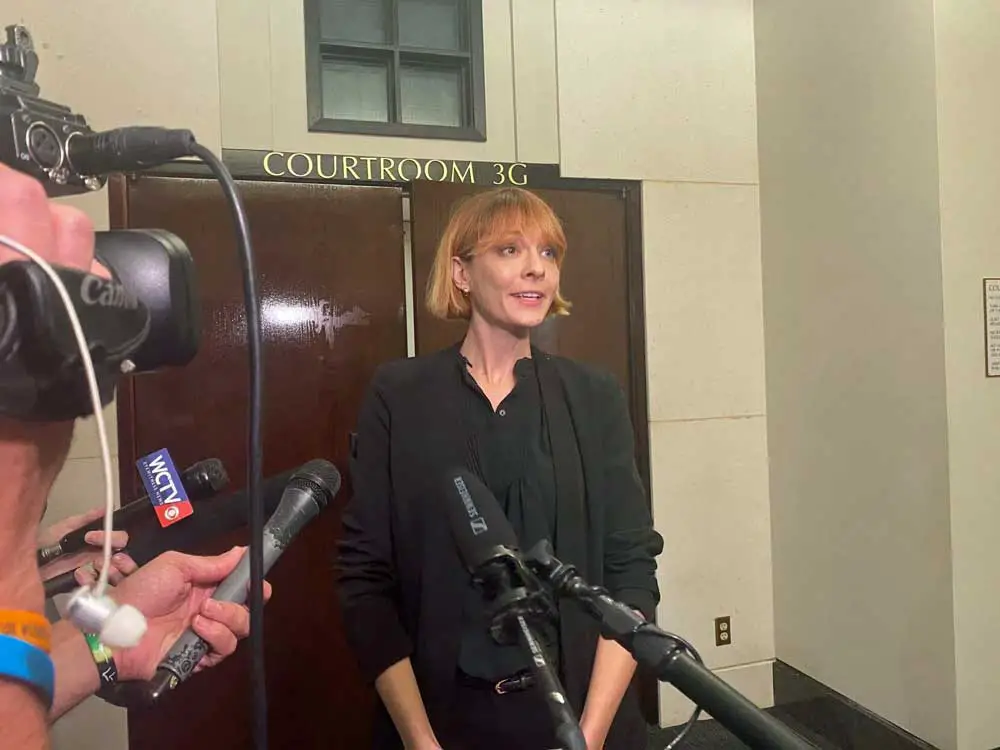 Lauren Brenzel, organizing director of the Florida Alliance of Planned Parenthood Affiliates, speaks to reporters after a Leon County circuit judge ruled that a 15-week abortion limit is unconstitutional. (Ryan Dailey/NSF)