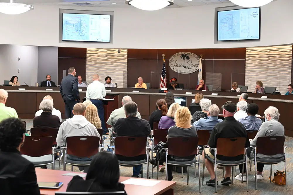 The latest step in the development of Lakeview Estates in the L Section, what used to be the Matanzas Woods Golf Course, drew a largew crowd but the meeting was kept well in hand despite a decision that displeased most in attendance. (© FlaglerLive)