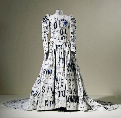 Lesley Dill, 'Dada Poem Wedding Dress' (1994), acrylic and thread on paper on mannequin, 64 x 60 x 70 in., Orlando Museum of Art Acquisition Trust Purchase, 1996.