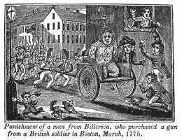 Punishment by tar and feather of Thomas Ditson, who purchased a gun from a British soldier in Boston in March 1775.