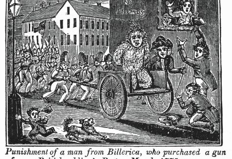 Punishment by tar and feather of Thomas Ditson, who purchased a gun from a British soldier in Boston in March 1775.