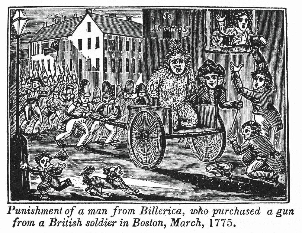 Punishment by tar and feather of Thomas Ditson, who purchased a gun from a British soldier in Boston in March 1775.