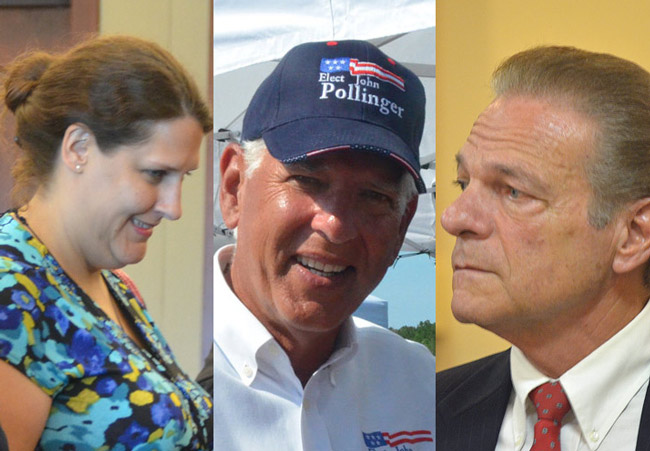 Pollingergate's main actors: from left, Anne-Marie Shaffer, John Pollinger and Ray Stevens. (© FlaglerLive)