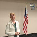 Palm Coast City Council Vice Mayor Theresa Pontieri today at the Emergency Operations Center, shortly after a press conference featuring U.S. Rep. Randy Fine, who upstaged Pontieri's announcement for county office. (© FlaglerLive)
