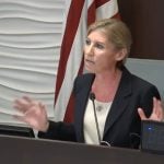 Palm Coast City Council member Theresa Pontieri at the Feb. 17 meting that included the approval of an amendment to an ICI Homes project in the E Section. (© FlaglerLive via YouTube)