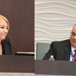 The Palm Coast City Council's Theresa Pontieri and Charles Gambaro clashed over the city's property tax rate at a final budget hearing Wednesday evening. (© FlaglerLive)