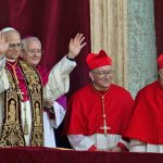 Newly elected Pope Leo XIV appears on the central loggia of St. Peter’s Basilica at the Vatican shortly after his election as pontiff on May 8, 2025. (AP Photo/Domenico Stinellis)