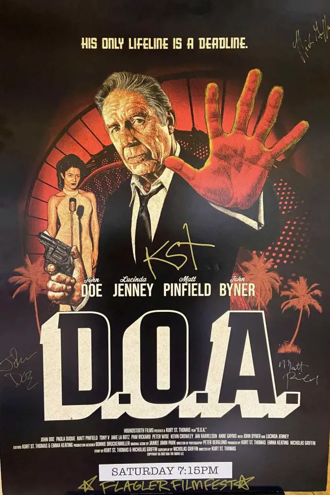 * A “D.O.A.” movie poster, initialed by director Kurt St. Thomas, greeted patrons of the Flagler Film Festival as they entered the Best Western Plus Flagler Beach Area Inn & Suites in Palm Coast. FlaglerLive photo