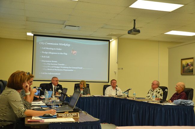 The Bunnell City Commission as it discussed a ban on medical pot dispensaries Monday. (© FlaglerLive)