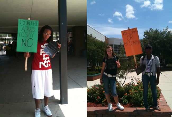 Tombstones and pickets told the tale as student volunteers at FPC Thursday brandished prom-night cautions. From left, Joshua Walker, Savanah Kochensparger and Daniella Knight. (Cheryl Perry)