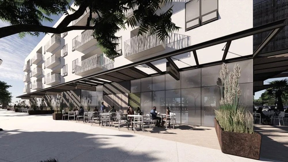 A rendering of the Promenade in Palm Coast's Town Center. The six-building complex will include glassed-in business fronts on the ground floor and 204 apartments above.