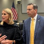 Rep. Vicki Lopez and Rep. Toby Overdorf speak to reporters after a House property tax committee meeting. (Liv Caputo/Florida Phoenix)