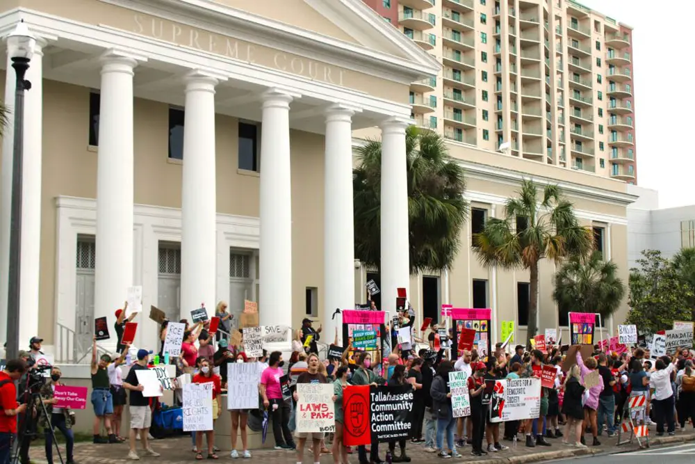 Protesters in defense of a woman's right to choose an abortion gather in front of the Florida Supreme Court on Tuesday. (Danielle J. Brown)