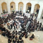 Protesters from the progressive organization Jewish Voice for Peace chant “cease-fire now” and “free Palestine” inside the U.S. House Cannon Office Building rotunda Wednesday, Oct. 18, 2023. U.S. Capitol Police arrested and led protesters away through the New Jersey Avenue exit. The demonstration occurred the same day that President Joe Biden visited Tel Aviv, Israel to announce defense aid as well as humanitarian assistance for Palestinians displaced in the Gaze Strip. (Ashley Murray/States Newsroom)